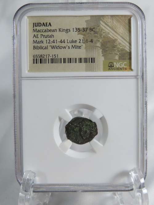 Ancient Judaea Widow`s Mite Coin, 135 to 37 BC NGC, Maccabean Kings Coins Of The Bible