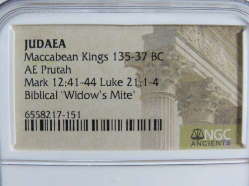 Ancient Judaea Widow`s Mite Coin, 135 to 37 BC NGC, Maccabean Kings Coins Of The Bible