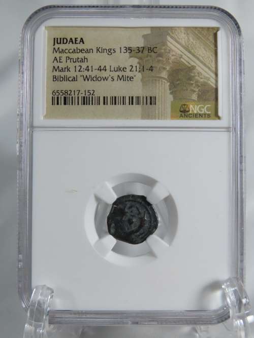 Ancient Judaea Widow`s Mite Coin, 135 to 37 BC NGC, Maccabean Kings Coins Of The Bible