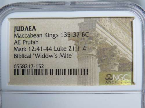 Ancient Judaea Widow`s Mite Coin, 135 to 37 BC NGC, Maccabean Kings Coins Of The Bible