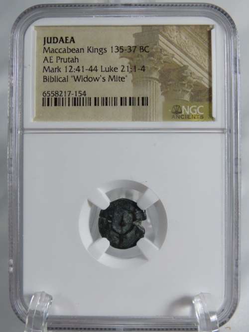 Ancient Judaea Widow`s Mite Coin, 135 to 37 BC NGC, Maccabean Kings Coins Of The Bible