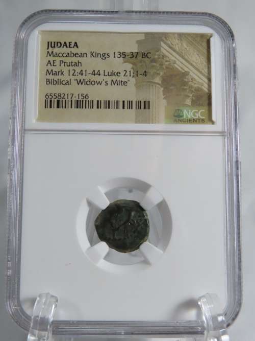 Ancient Judaea Widow`s Mite Coin, 135 to 37 BC NGC, Maccabean Kings Coins Of The Bible