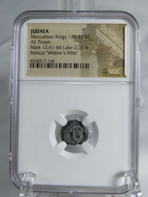 Ancient Judaea Widow`s Mite Coin, 135 to 37 BC NGC, Maccabean Kings Coins Of The Bible