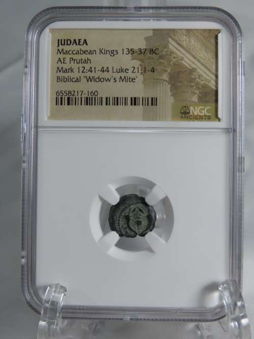 Ancient Judaea Widow`s Mite Coin, 135 to 37 BC NGC, Maccabean Kings Coins Of The Bible