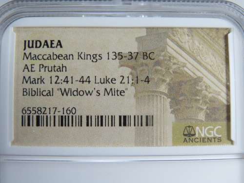 Ancient Judaea Widow`s Mite Coin, 135 to 37 BC NGC, Maccabean Kings Coins Of The Bible