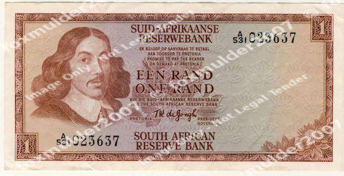R1 , T. W de Jongh, 1st series, One Rand note, 1967, no reserve