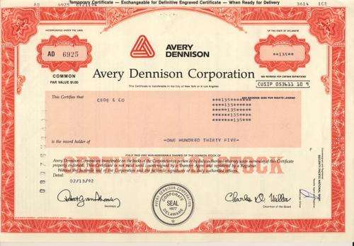 Avery Dennison Stock Certificate , 135 Shares , 1992
