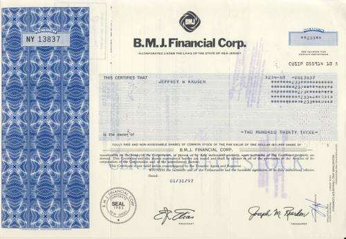 B.L.J. Financial Stock Certificate , 233 Shares , 1997