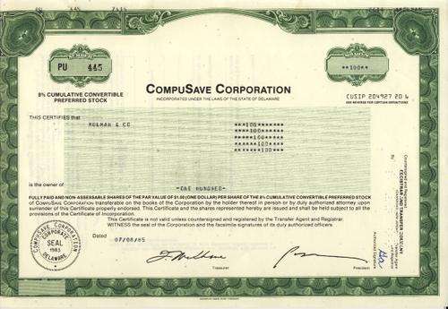 Compusave Stock Certificate , 100 Shares , 1985