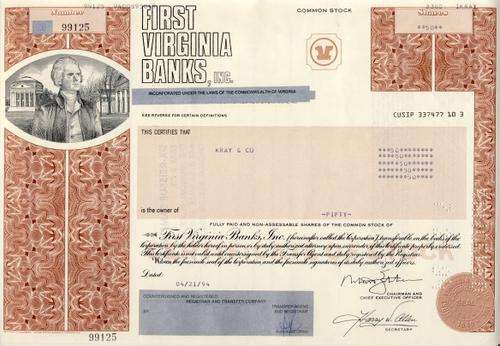 First Virginia Bank Stock Certificate , 50 Shares , 1994