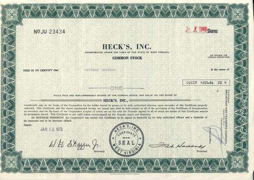 Heck's Stock Certificate , 1 Shares , 1973