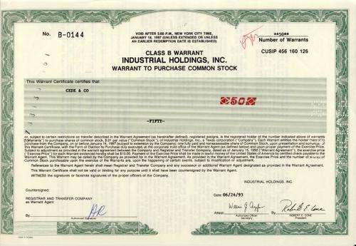Industrial Holdings Stock Certificate , 50 Shares , 1993