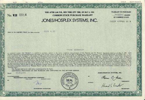 Jones/Hosplex Systems Stock Certificate , 500 Shares , 1983