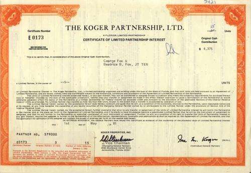 Koger Partnership Stock Certificate , 15 Shares , 1981