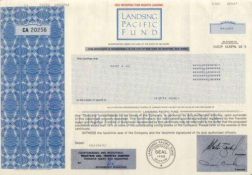 Landsing Pacific Stock Certificate , 59 Shares , 1993