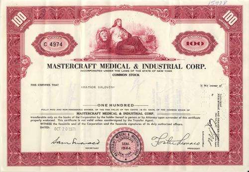 Mastercraft Medical + Industrial Stock Certificate , 100 Shares , 1971