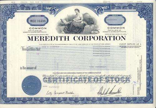 Meridith Corporation Stock Certificate , 100 Shares , 1987