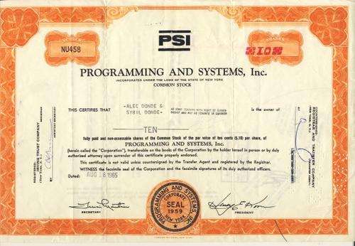 PSI Stock Certificate , 10 Shares , 1965