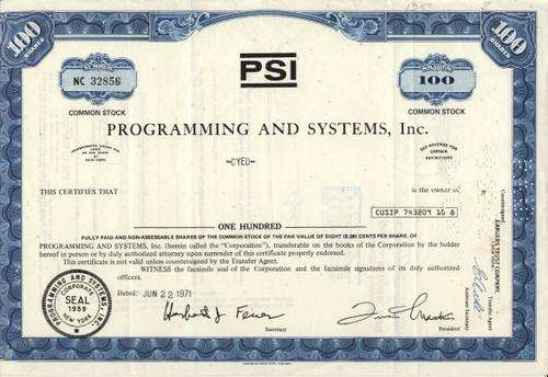 PSI Stock Certificate , 100 Shares , 1971