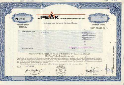 Peak Technologies Stock Certificate , 50 Shares , 1992