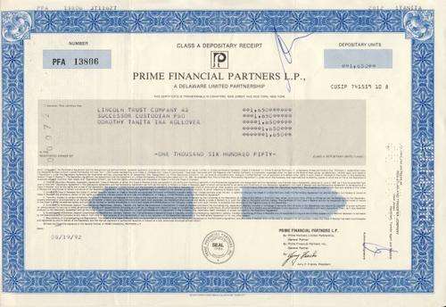 Prime Financial Partners Stock Certificate , 1650 Shares , 1992