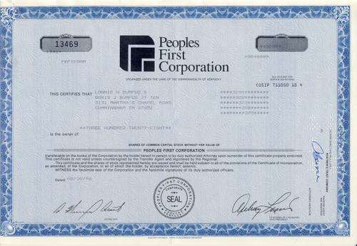 Peoples First Stock Certificate , 328 Shares , 1996