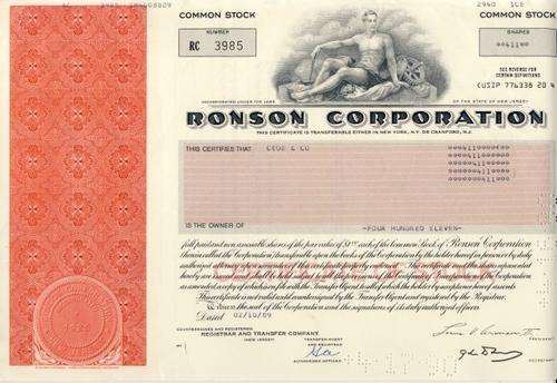 Ronson Stock Certificate , 411 Shares , 1989