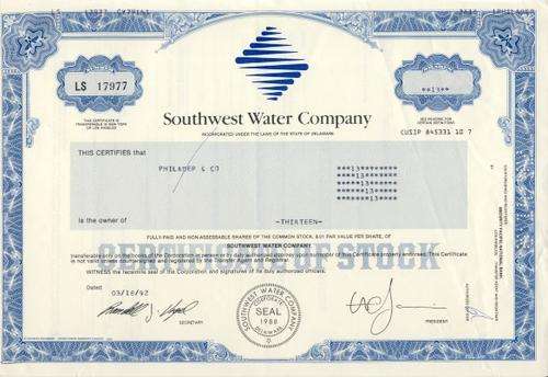 Southwest Water Stock Certificate , 13 Shares , 1992