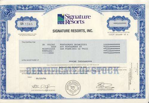 Signature Resorts Stock Certificate , 1000 Shares , 1996
