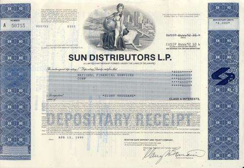 Sun Distributors Stock Certificate , 8000 Shares , 1990