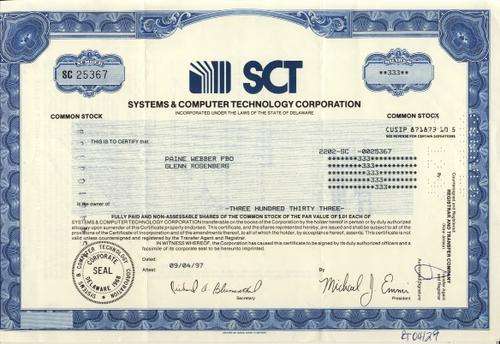SCT Stock Certificate , 333 Shares , 1997
