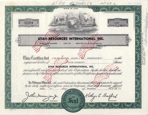 Utah Resources Stock Certificate , 500 Shares , 1973