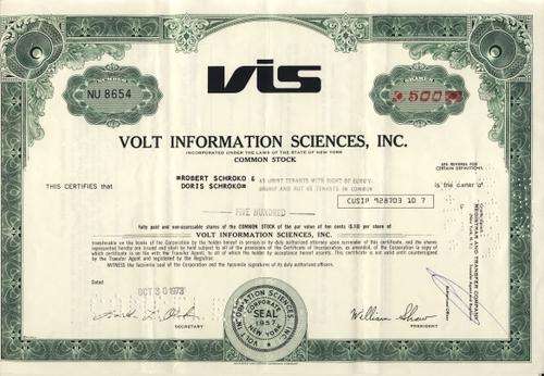 Volt Information Sciences Stock Certificate , 500 Shares , 1973