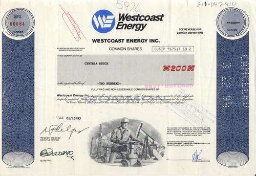 Westcaost Energy Stock Certificate , 200 Shares , 1993