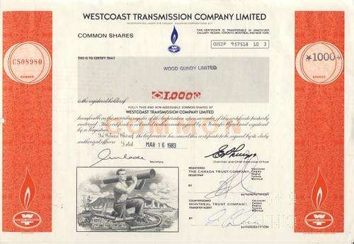 Westcaost Transmission Stock Certificate , 1000 Shares , 1983