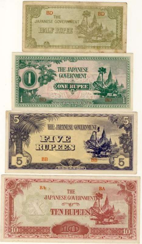 Japanese Government Invasion Money - Burma 1/2 + 1 + 5 + 10 Rupee , 1942 set