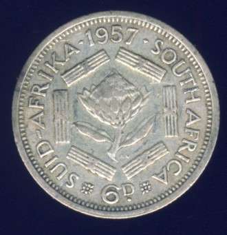 1957 Sixpence coin, 6d , South Africa, Silver, Elizabeth II , No reserve