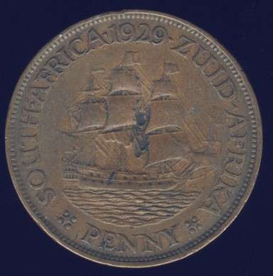 1929 Penny coin, 1d , South Africa, George V , No reserve , Damaged