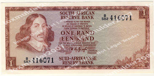 R1 , T. W de Jongh, 3rd series, One Rand note, 1975, no reserve