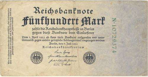 Germany - 500 Mark, 1922 , Five Hundred Mark, p74 Green Variant