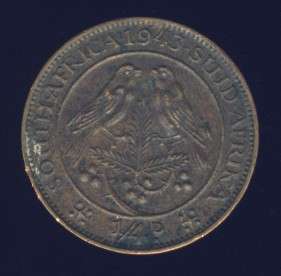 1943 Farthing coin, 1/4d , South Africa, George VI , No reserve