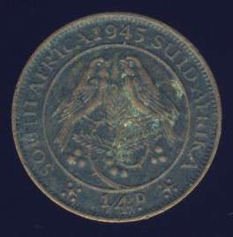 1945 Farthing coin, 1/4d , South Africa, George VI , No reserve