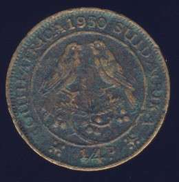 1950 Farthing coin, 1/4d , South Africa, George VI , No reserve