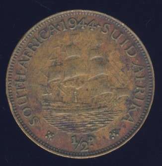 1944 Half Penny coin, 1/2d , South Africa, George VI , No reserve