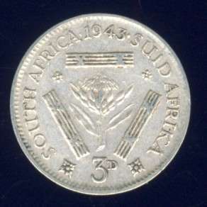 1943 Tickey coin, 3d , South Africa, Silver, George VI , No reserve