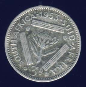 1953 Tickey coin, 3d , South Africa, Silver, Elizabeth II , No reserve