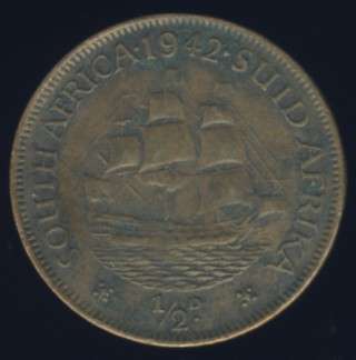 1942 Half Penny coin, 1/2d, South Africa, George VI, No reserve