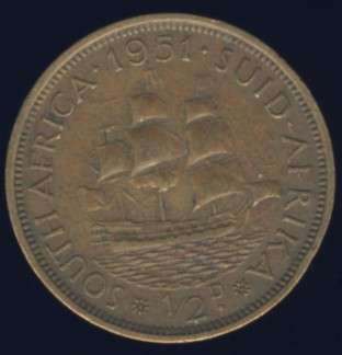1951 Half Penny coin, 1/2d, South Africa, George VI, No reserve