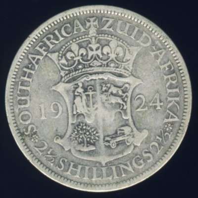 1924 Half Crown coin, 2/6, 2 1/2 Shilling, South Africa, Silver, George V, No reserve