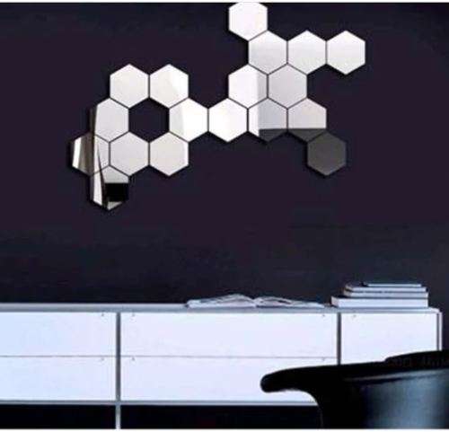 12 PCS 3D Hexagonal Mirror Wall Stickers Set, (Silver)